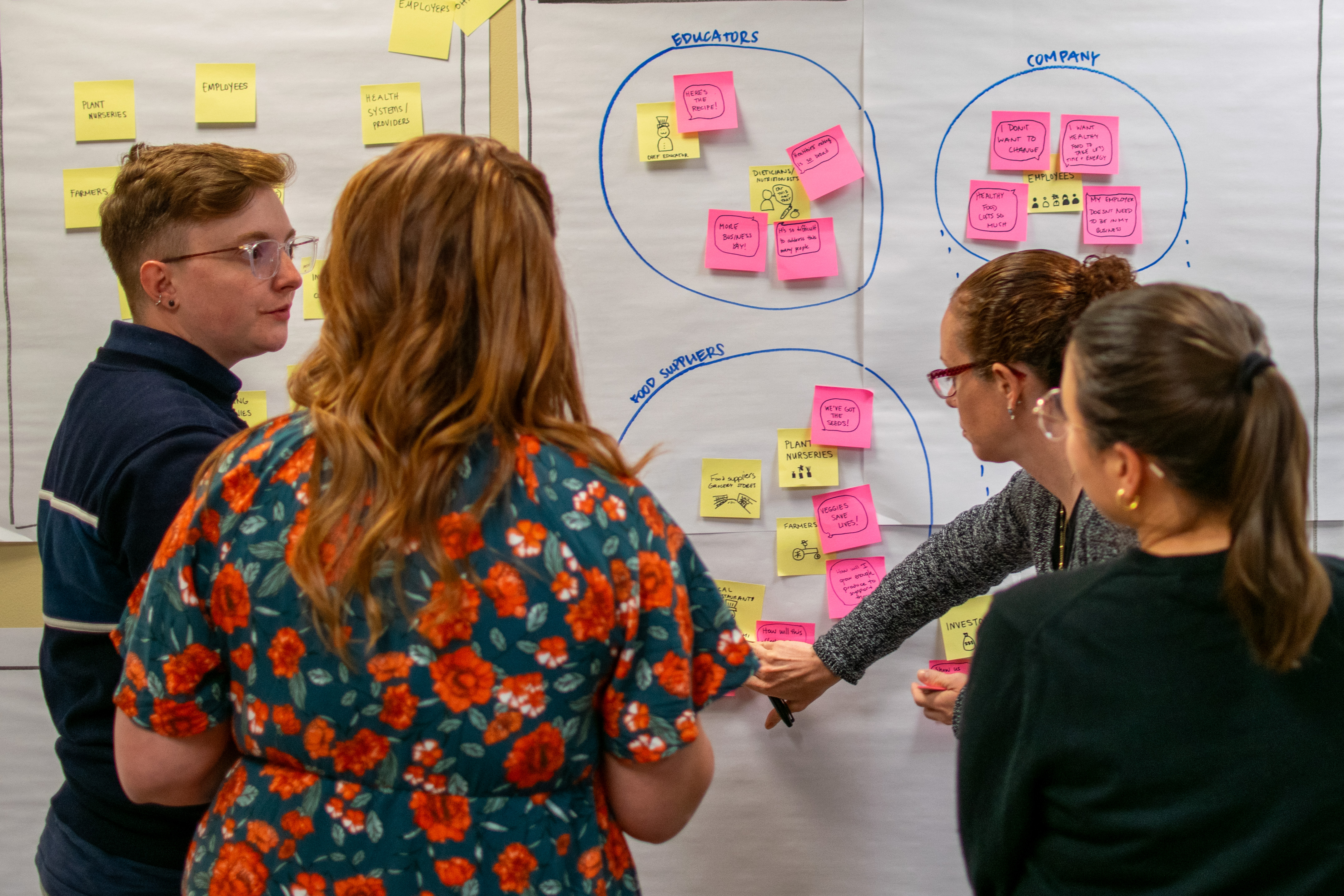 Four people gathered around a wall covered in post-it notes having a discussion.