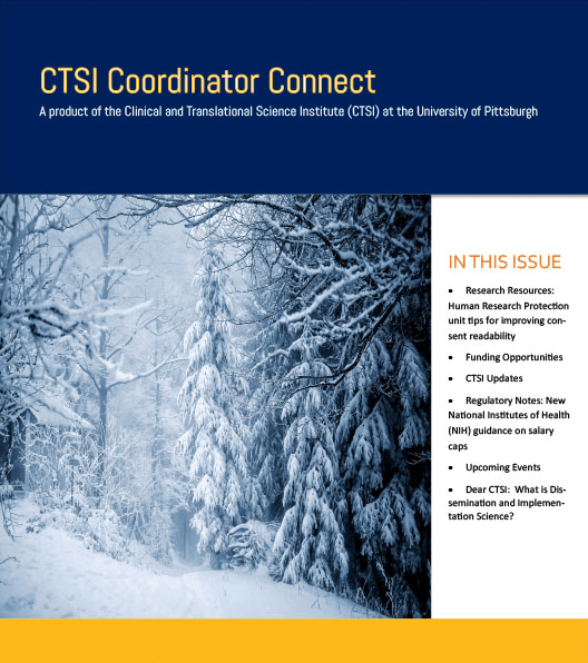 An example issue of Coordinator Connect with research resources, funding opportunities, regulatory notes, upcoming events, and other updates
